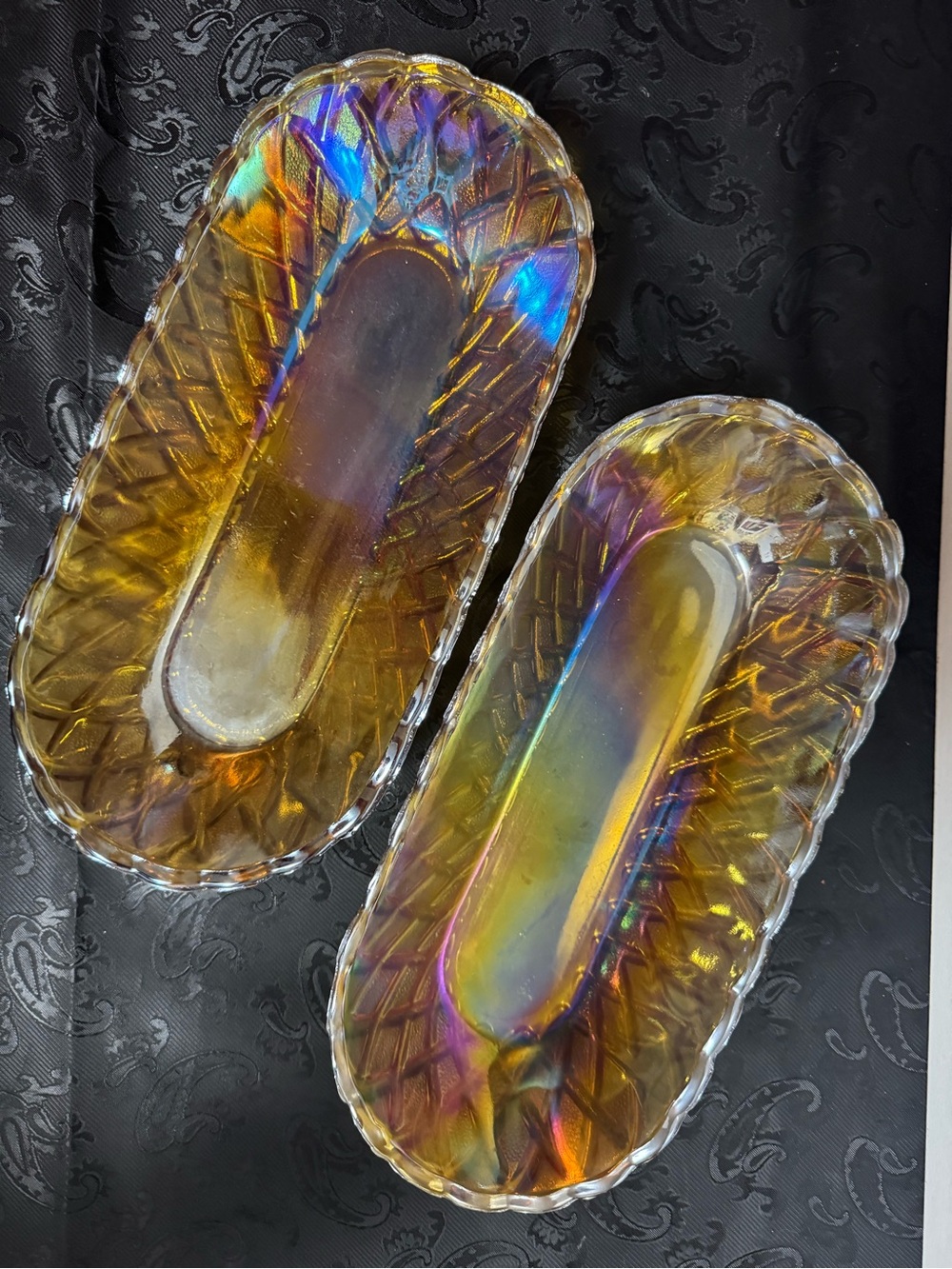 Indiana Glass Iridescent Amber Glass Trays with Rainbow Sheen (Pair)